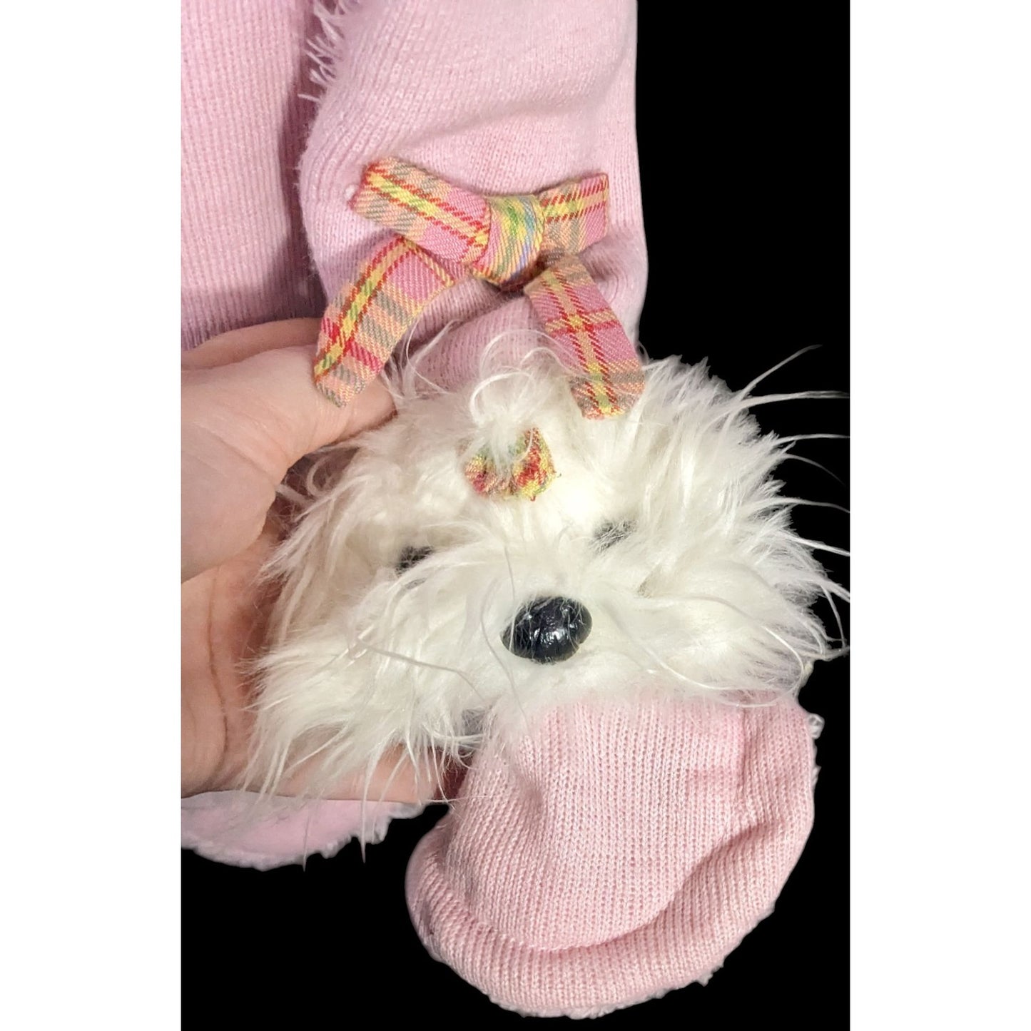 Puppy At Heart Pink Scarf With Plush Dog Accents & Plaid Bows