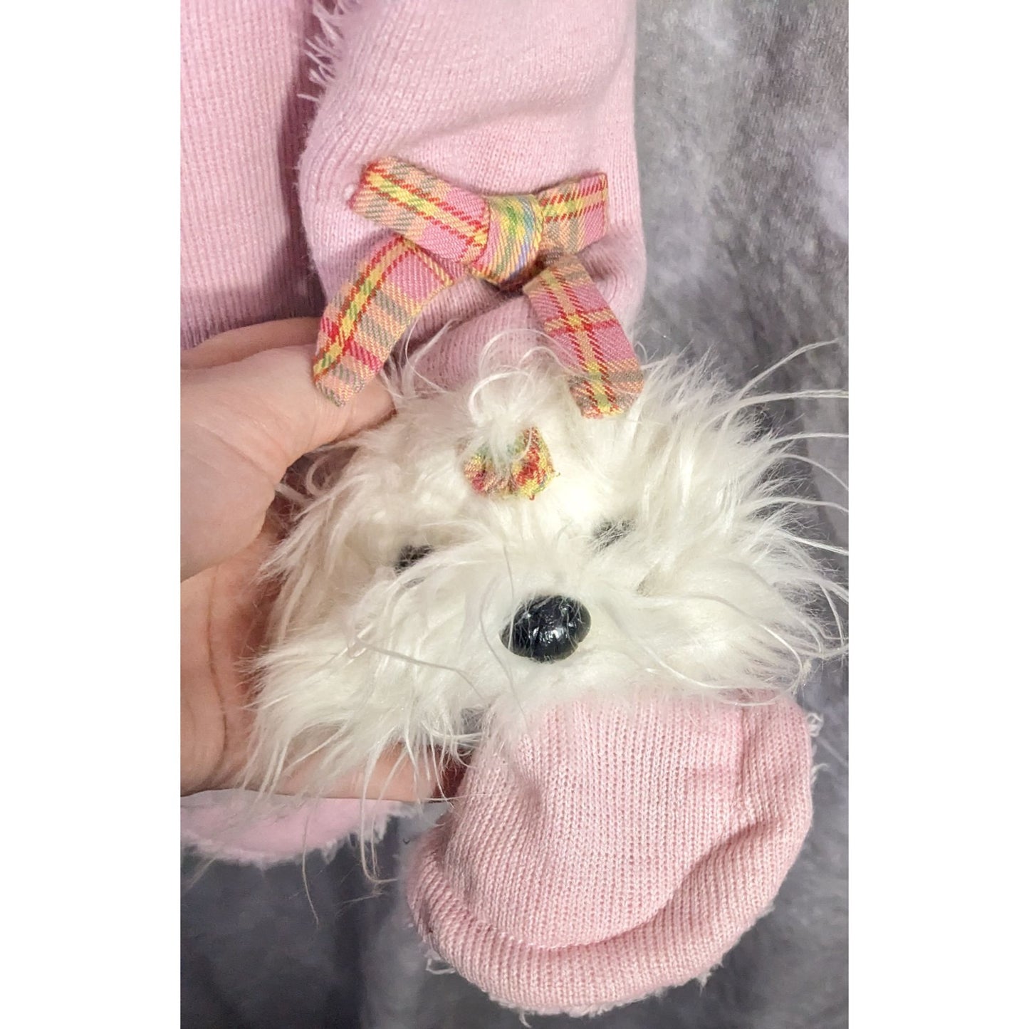 Puppy At Heart Pink Scarf With Plush Dog Accents & Plaid Bows