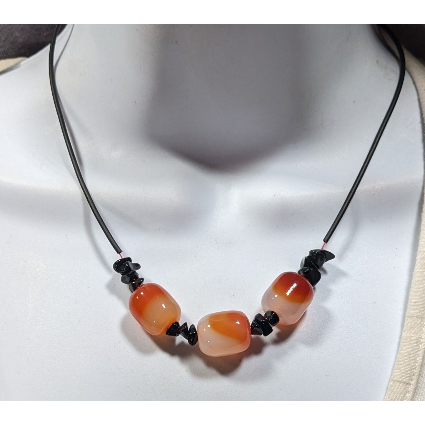 Handmade Carnelian Beaded Necklace With Onyx Chip Accents
