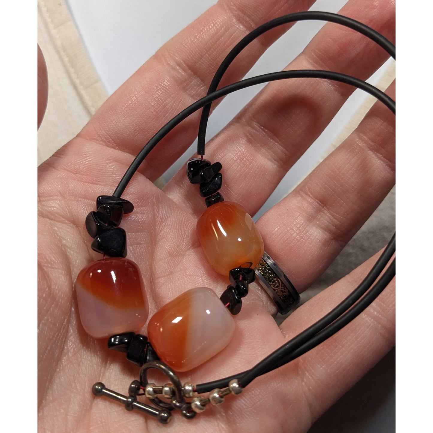 Handmade Carnelian Beaded Necklace With Onyx Chip Accents