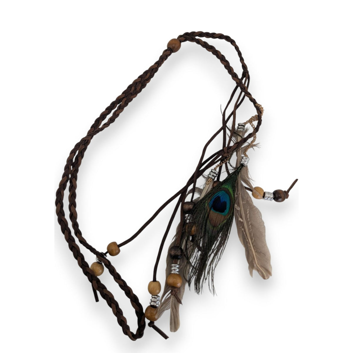 Boho Hippie Suede Brown Peacock Feather Bolo Necklace 22 Inch