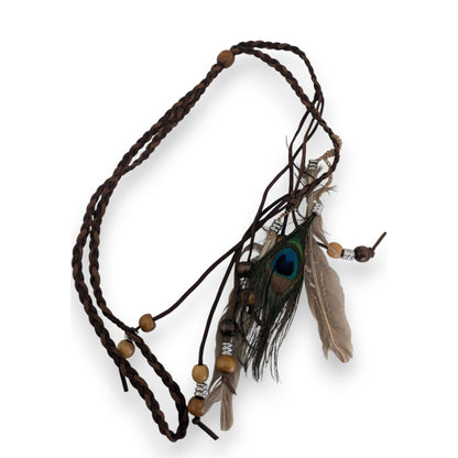 Boho Hippie Suede Brown Peacock Feather Bolo Necklace 22 Inch