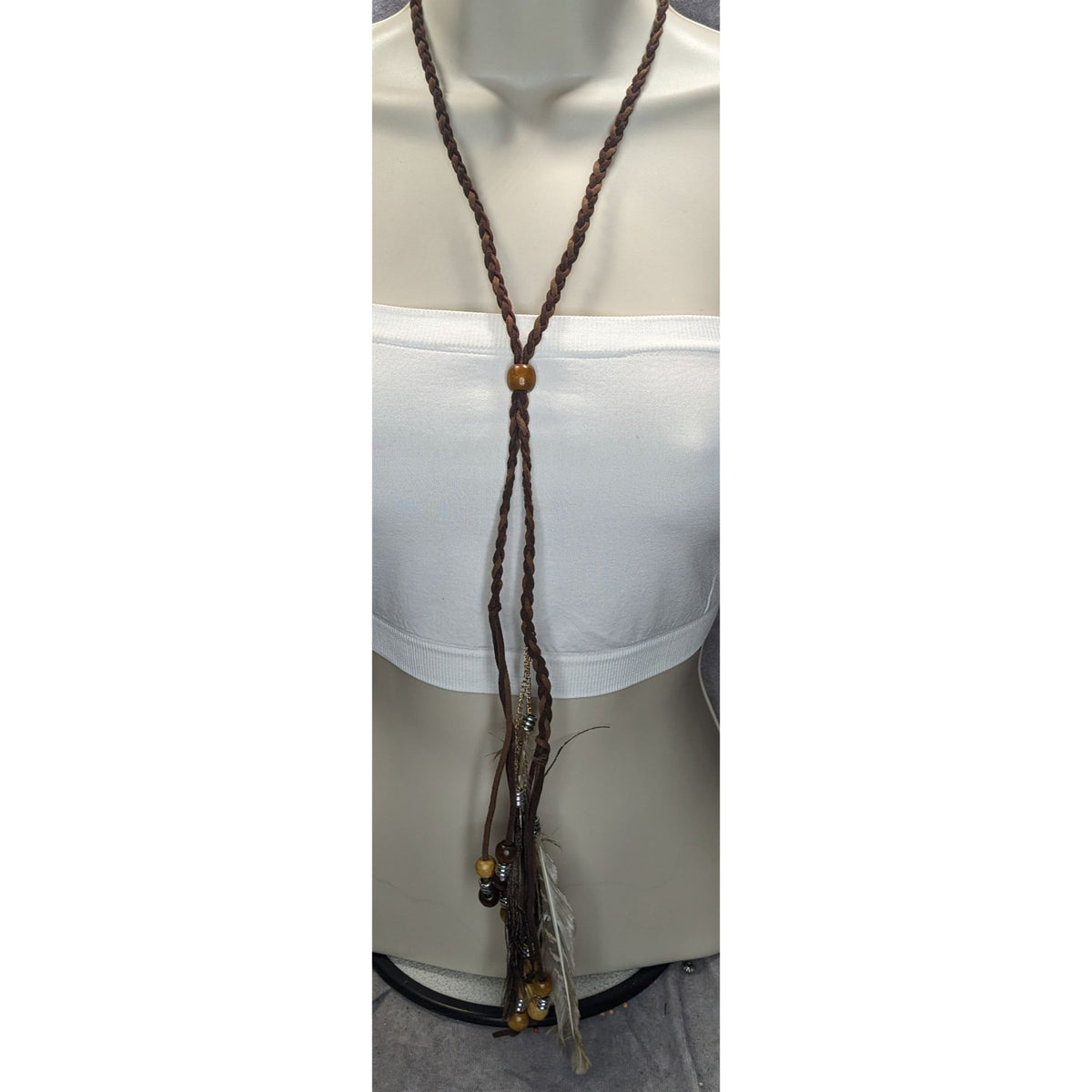 Boho Hippie Suede Brown Peacock Feather Bolo Necklace 22 Inch