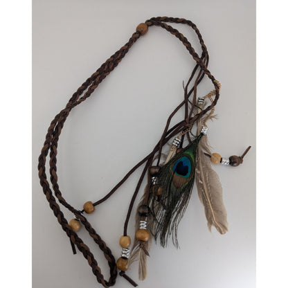 Boho Hippie Suede Brown Peacock Feather Bolo Necklace 22 Inch
