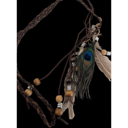 Boho Hippie Suede Brown Peacock Feather Bolo Necklace 22 Inch