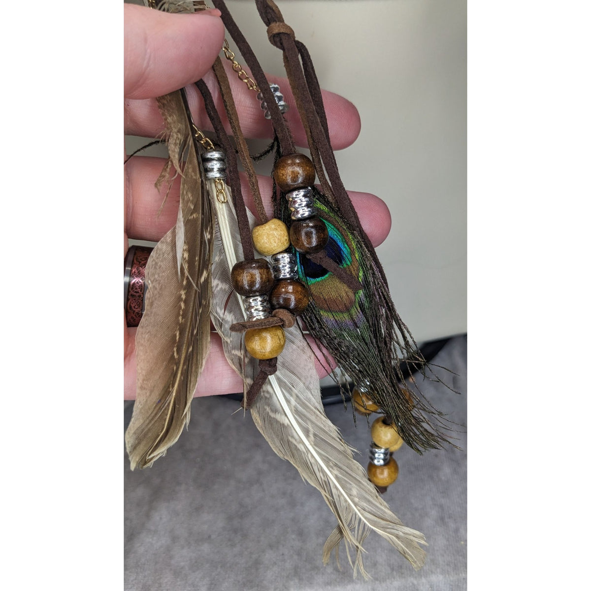 Boho Hippie Suede Brown Peacock Feather Bolo Necklace 22 Inch