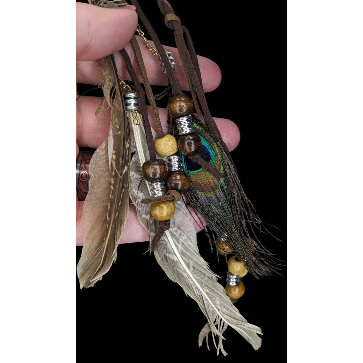 Boho Hippie Suede Brown Peacock Feather Bolo Necklace 22 Inch