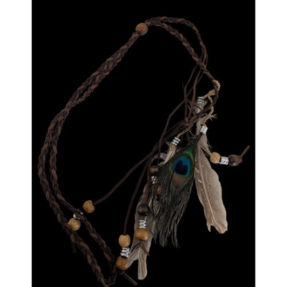Boho Hippie Suede Brown Peacock Feather Bolo Necklace 22 Inch