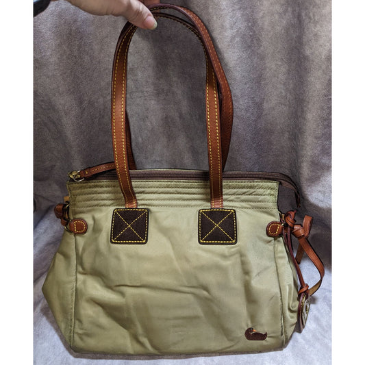 Dooney & Bourke Nylon Shoulder Bag With Leather Straps Green/Khaki & Pink Interior