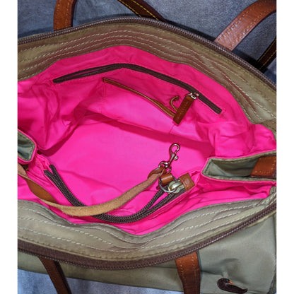 Dooney & Bourke Nylon Shoulder Bag With Leather Straps Green/Khaki & Pink Interior