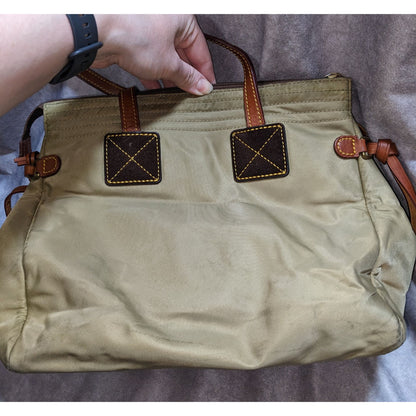Dooney & Bourke Nylon Shoulder Bag With Leather Straps Green/Khaki & Pink Interior