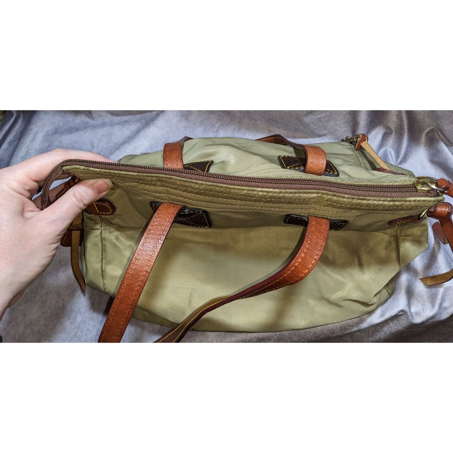 Dooney & Bourke Nylon Shoulder Bag With Leather Straps Green/Khaki & Pink Interior