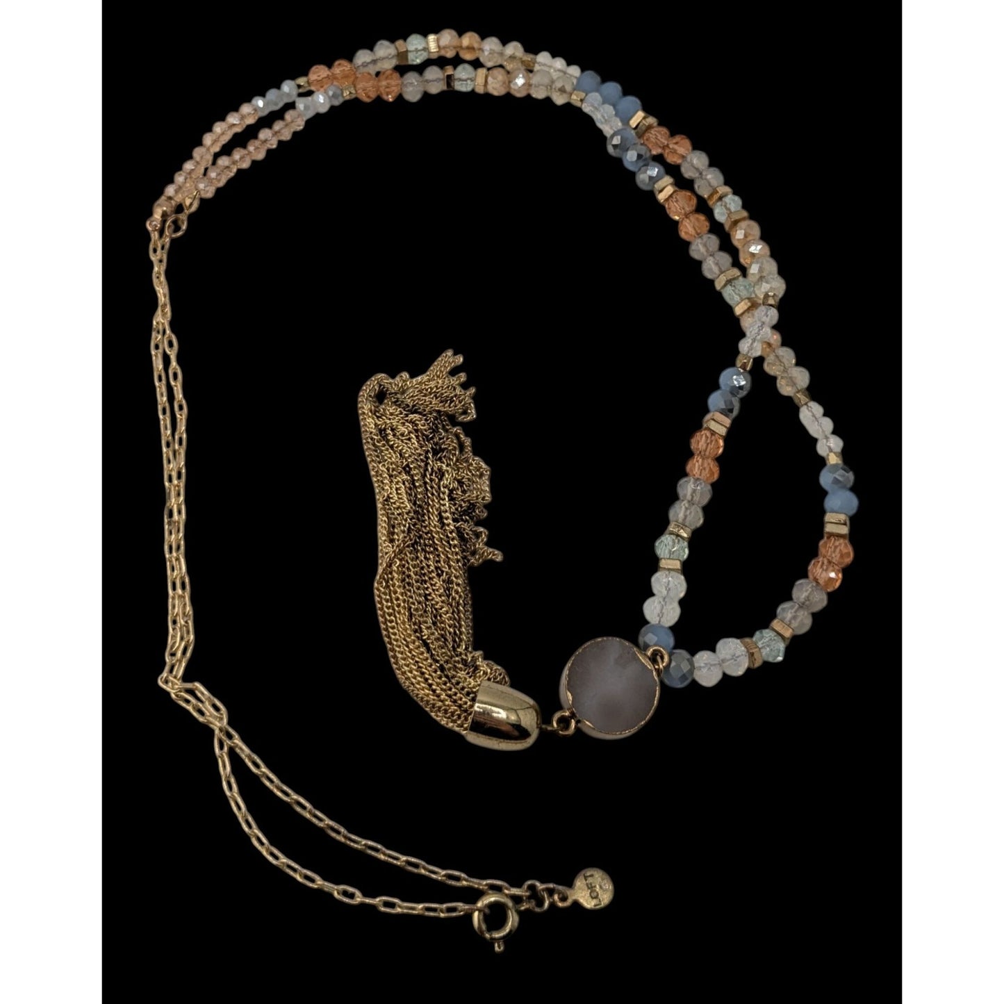 LOFT Druzy Pendant Necklace Glass Beaded Gold Tone Tassel Boho Glam Statement
