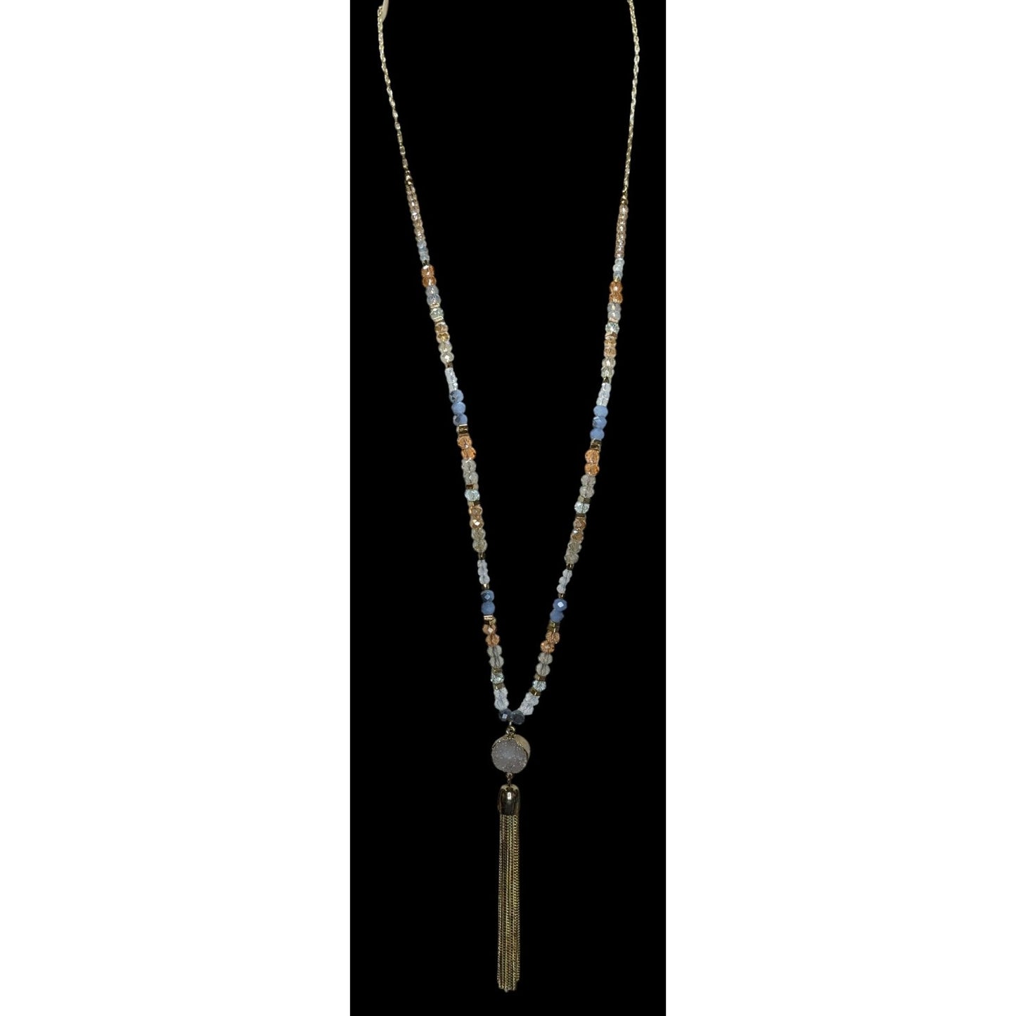 LOFT Druzy Pendant Necklace Glass Beaded Gold Tone Tassel Boho Glam Statement
