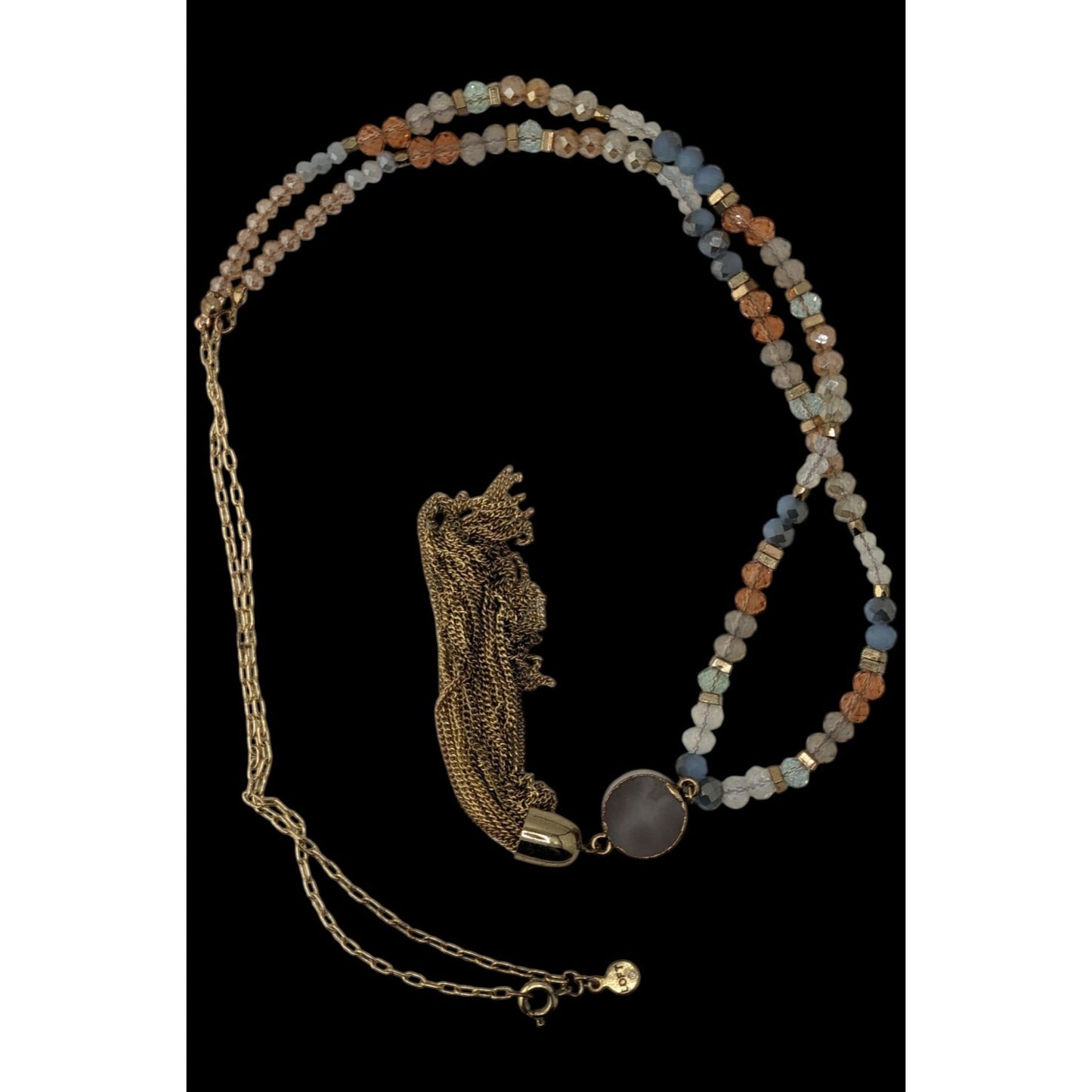 LOFT Druzy Pendant Necklace Glass Beaded Gold Tone Tassel Boho Glam Statement