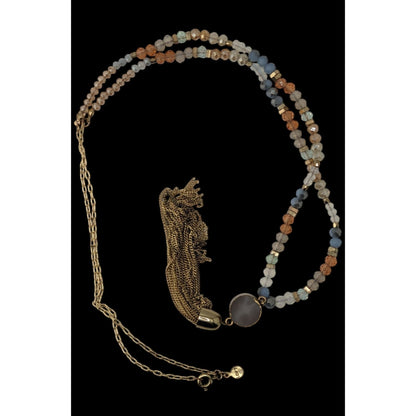 LOFT Druzy Pendant Necklace Glass Beaded Gold Tone Tassel Boho Glam Statement