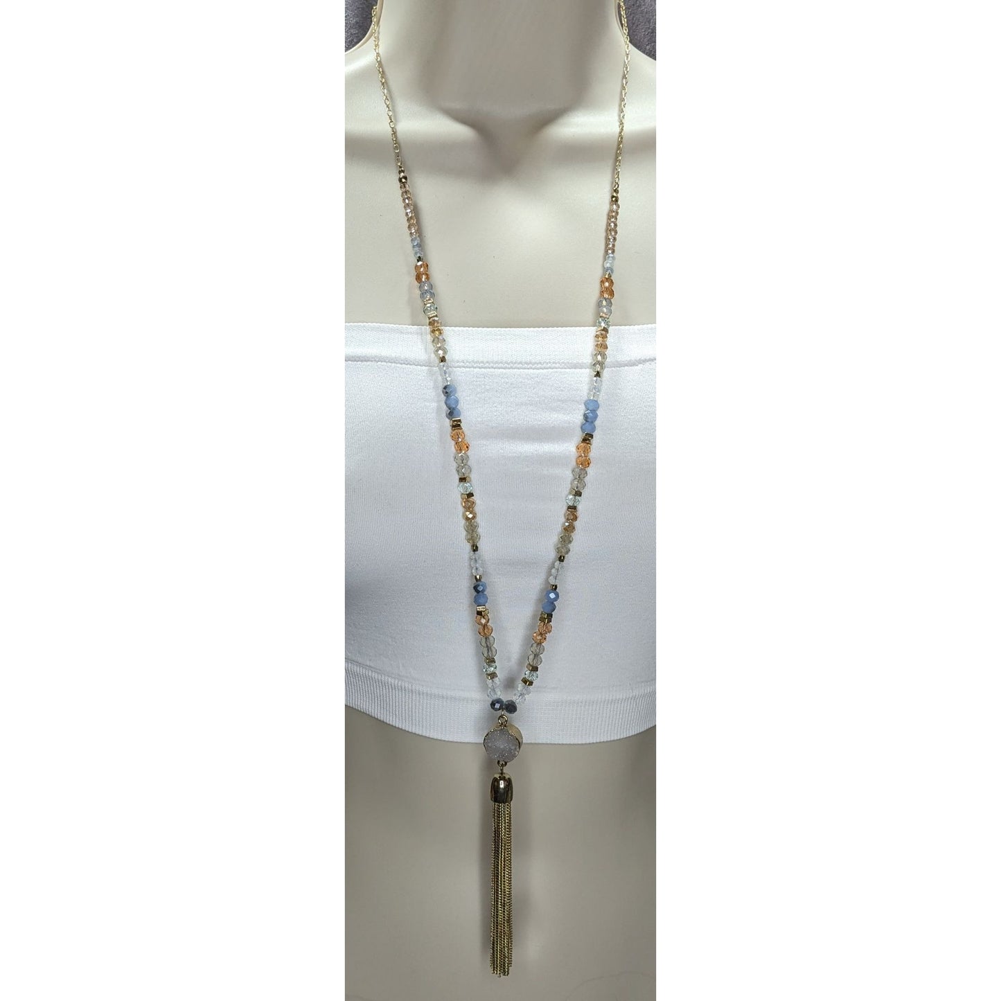LOFT Druzy Pendant Necklace Glass Beaded Gold Tone Tassel Boho Glam Statement