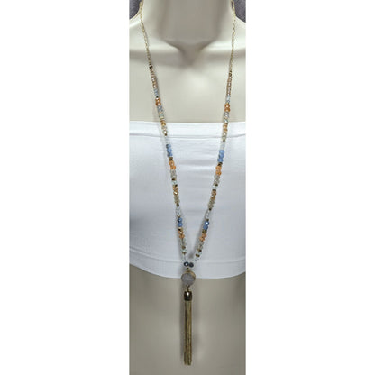 LOFT Druzy Pendant Necklace Glass Beaded Gold Tone Tassel Boho Glam Statement