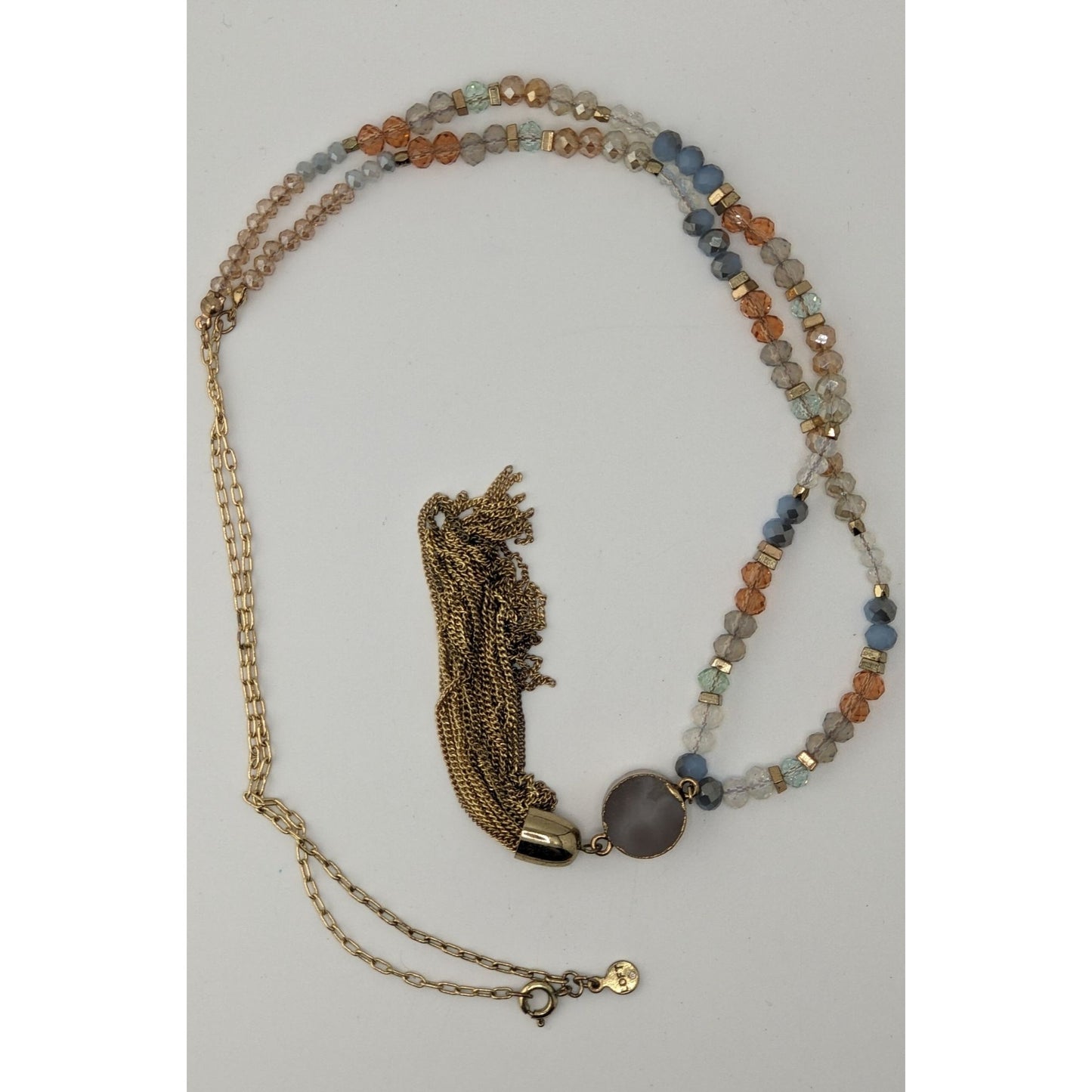 LOFT Druzy Pendant Necklace Glass Beaded Gold Tone Tassel Boho Glam Statement