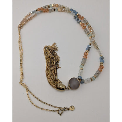 LOFT Druzy Pendant Necklace Glass Beaded Gold Tone Tassel Boho Glam Statement
