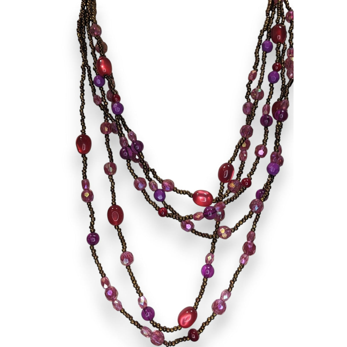 Whimsigoth Layered Glass Lucite Pink Purple Multi Strand Necklace 17 Inch