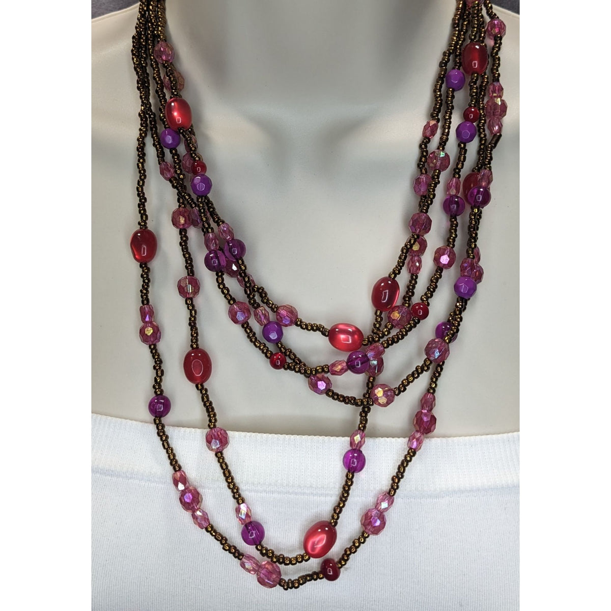 Whimsigoth Layered Glass Lucite Pink Purple Multi Strand Necklace 17 Inch