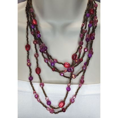Whimsigoth Layered Glass Lucite Pink Purple Multi Strand Necklace 17 Inch