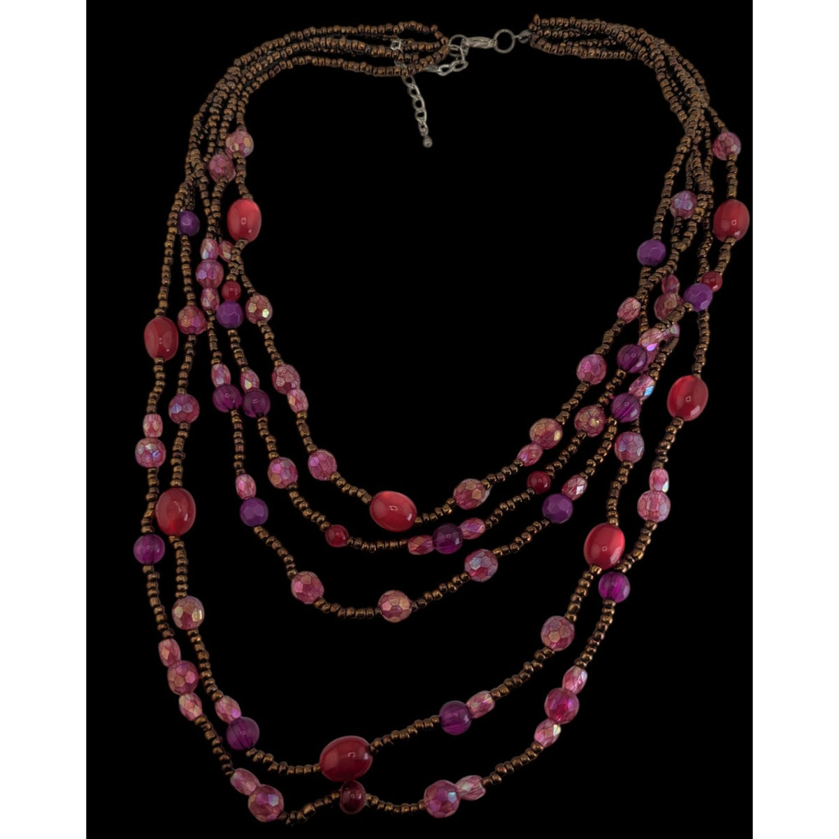 Whimsigoth Layered Glass Lucite Pink Purple Multi Strand Necklace 17 Inch