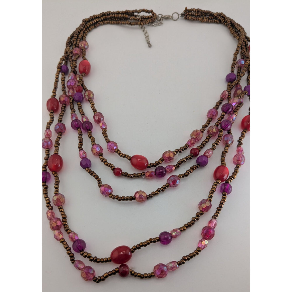 Whimsigoth Layered Glass Lucite Pink Purple Multi Strand Necklace 17 Inch