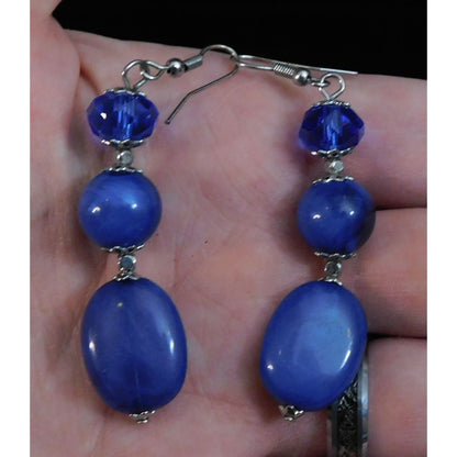 Blue And Silver Tone Beaded Dangle Earrings