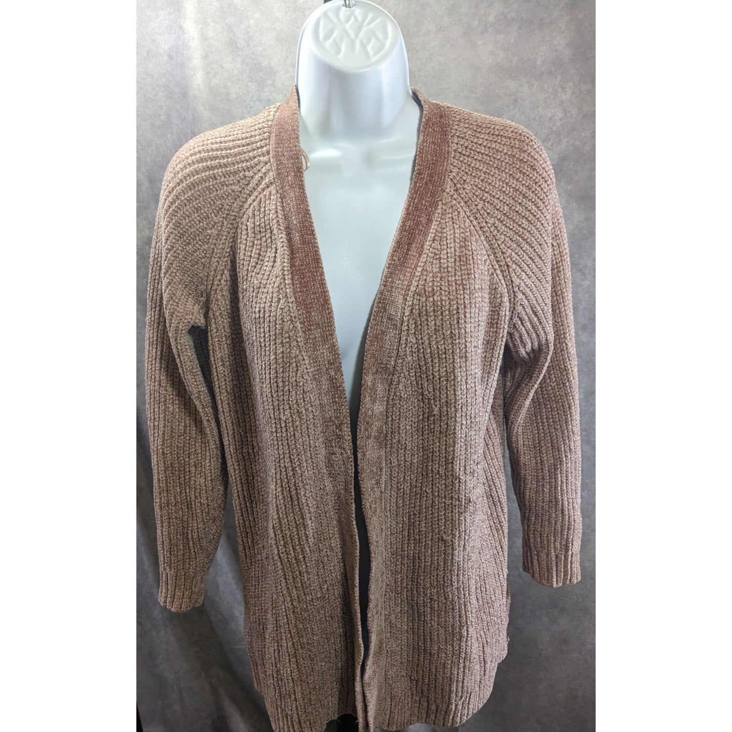 Pink Rose Chenille Open Front Cardigan With Lace-Up Back Detail