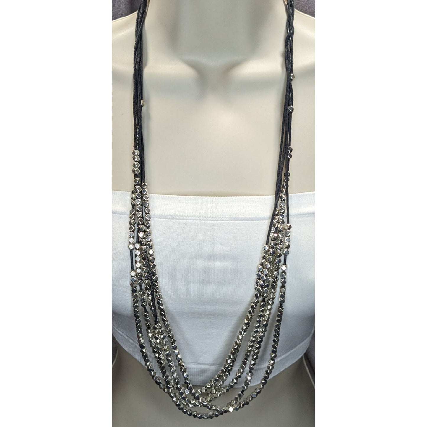 Layered Geometric Beaded Necklace Silver Black Modern Glam Rock
