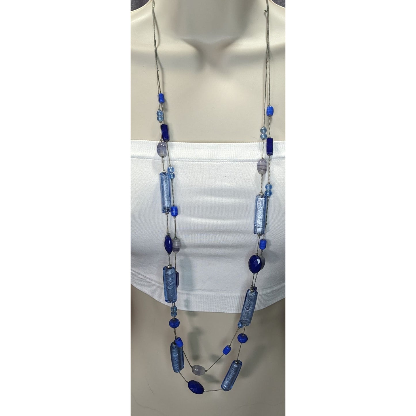 Vintage NY Blue Glass Beaded Layered Station Necklace