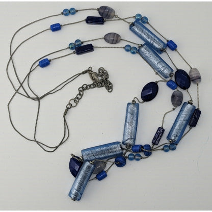 Vintage NY Blue Glass Beaded Layered Station Necklace