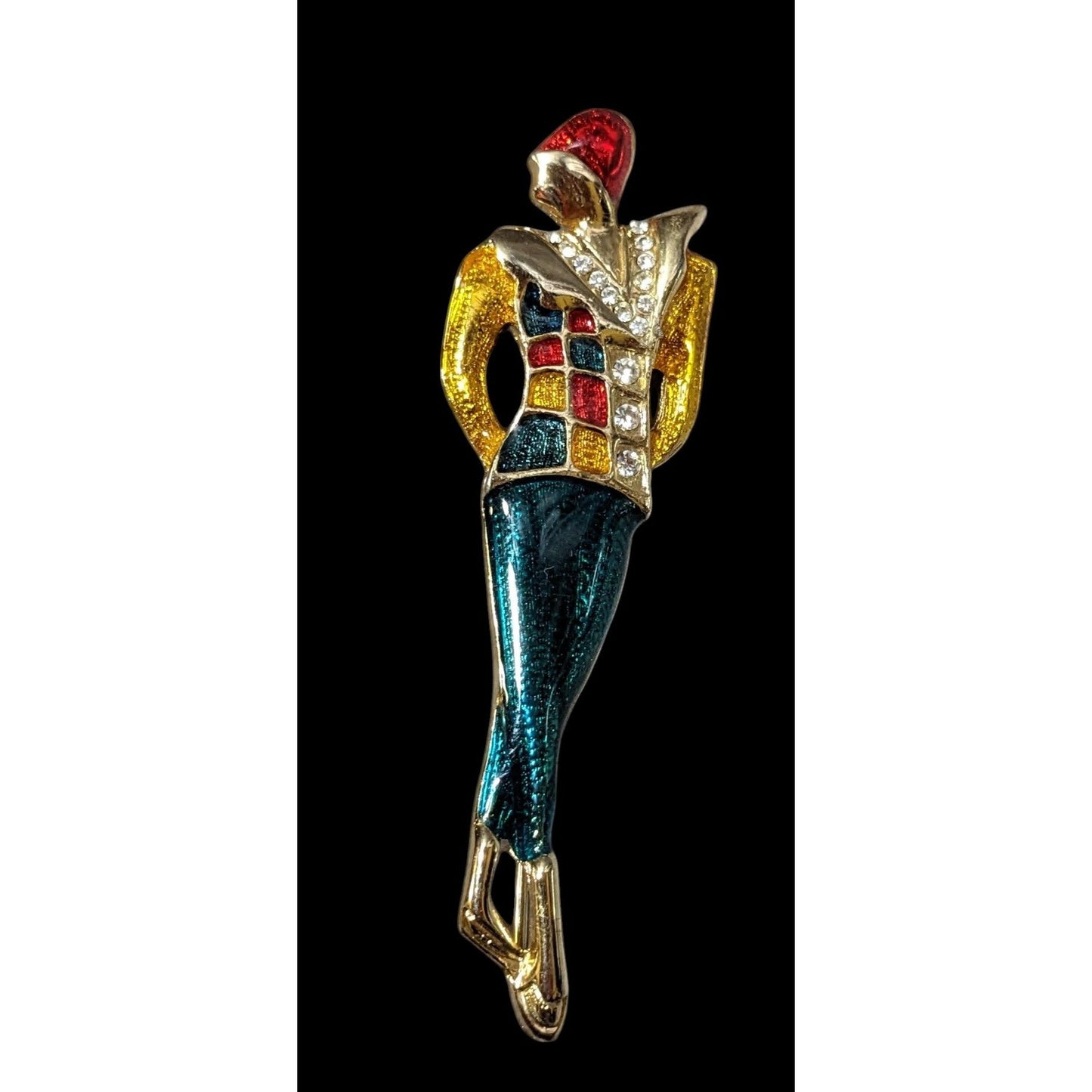 Vintage Art Deco Bright Enamel Rhinestone Lady Brooch