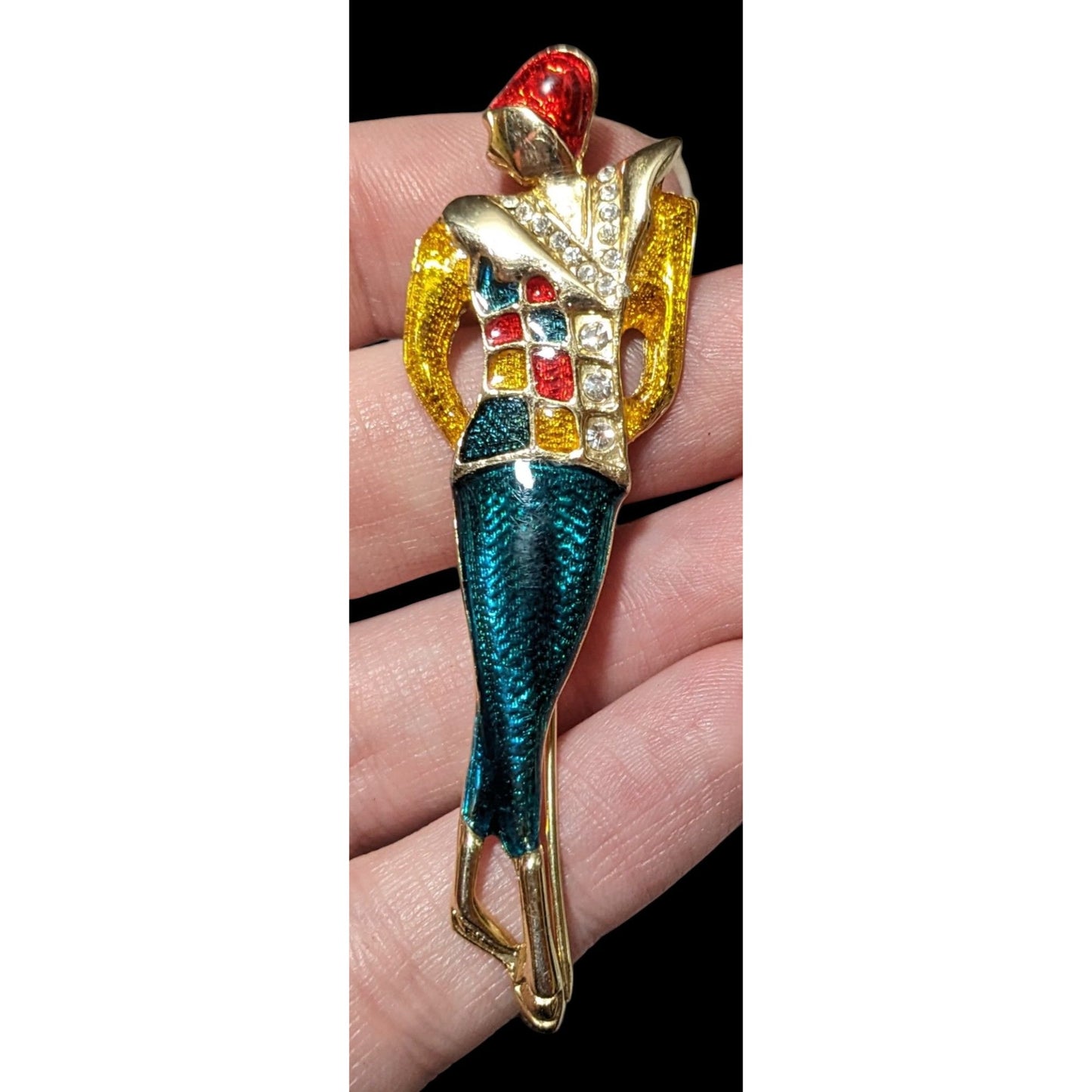 Vintage Art Deco Bright Enamel Rhinestone Lady Brooch