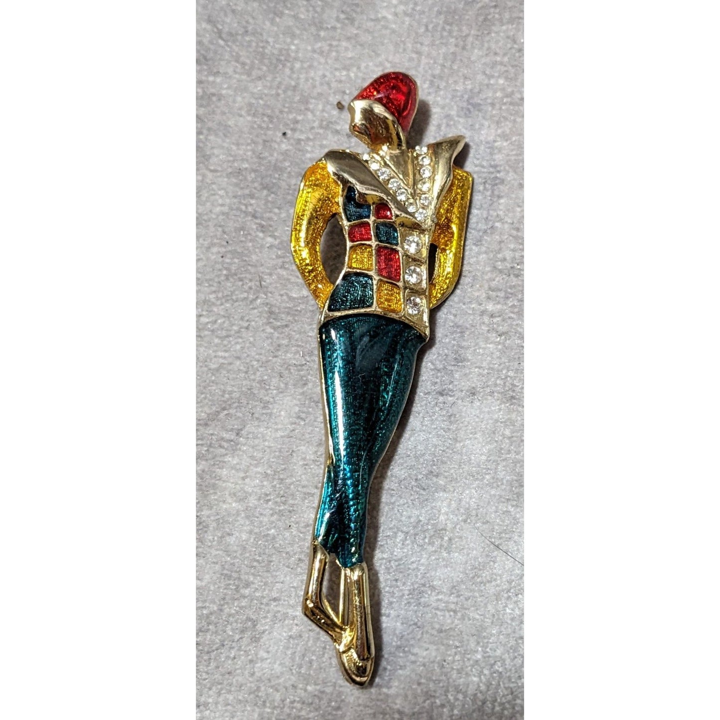 Vintage Art Deco Bright Enamel Rhinestone Lady Brooch