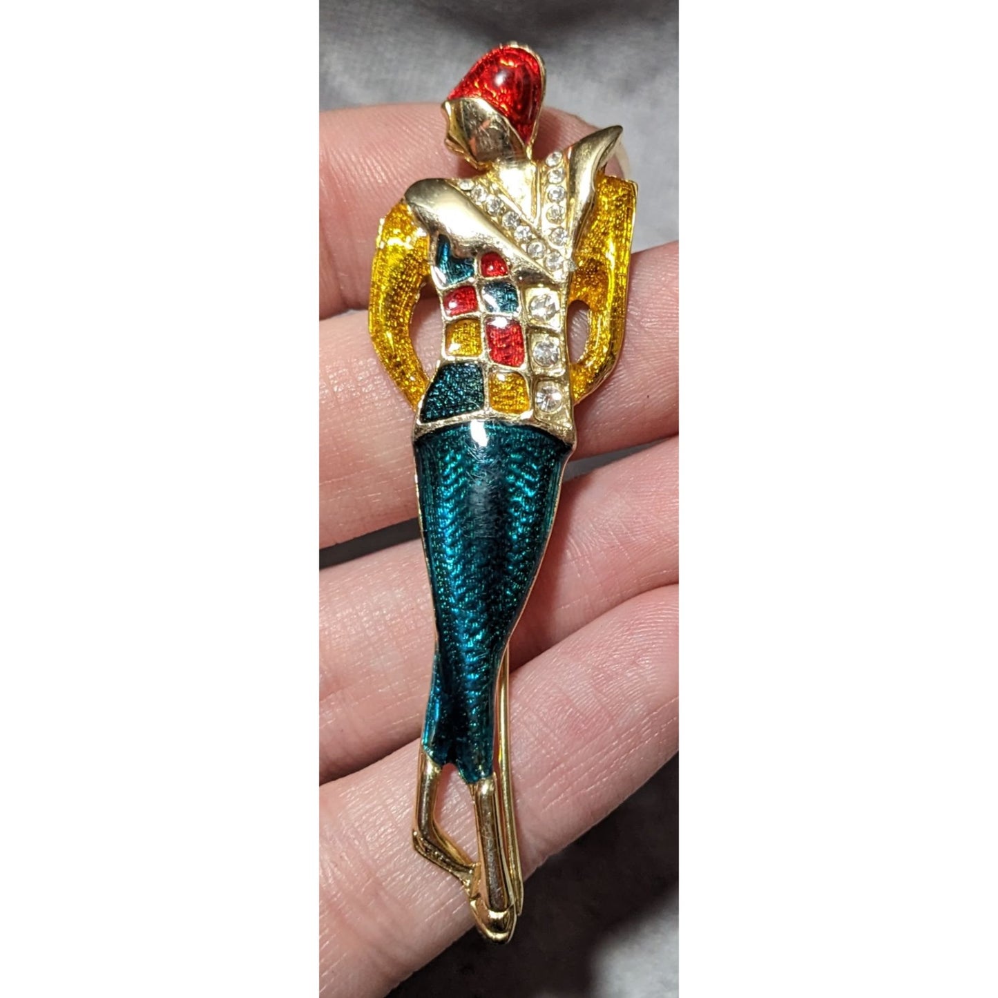 Vintage Art Deco Bright Enamel Rhinestone Lady Brooch