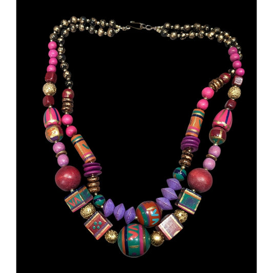 Vintage Rainbow Hand Painted Wood Beaded Necklace