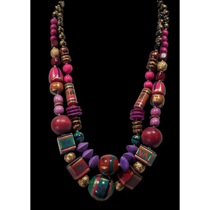Vintage Rainbow Hand Painted Wood Beaded Necklace