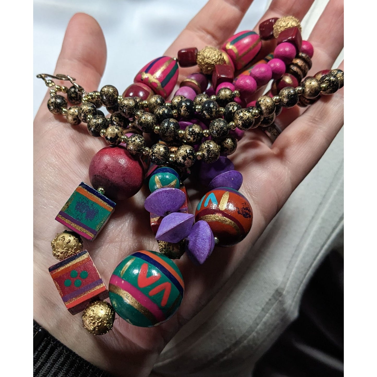 Vintage Rainbow Hand Painted Wood Beaded Necklace