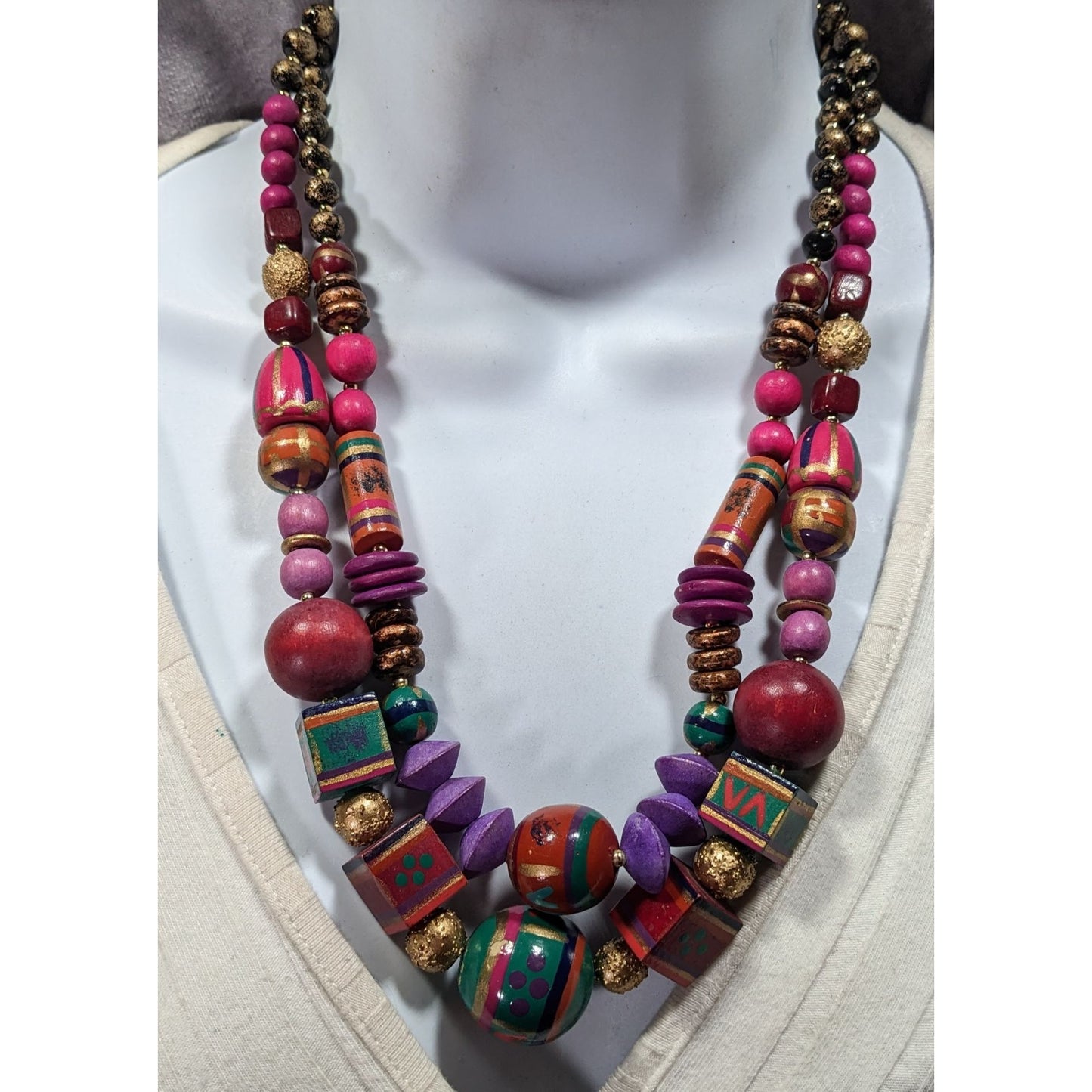 Vintage Rainbow Hand Painted Wood Beaded Necklace