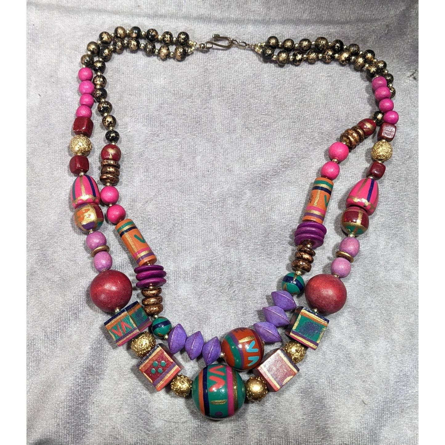 Vintage Rainbow Hand Painted Wood Beaded Necklace