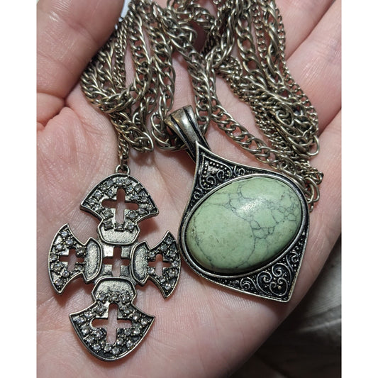 Whimsygoth Multilayer Double Pendant Cross And Cabochon Necklace