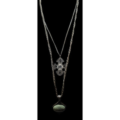 Whimsygoth Multilayer Double Pendant Cross And Cabochon Necklace