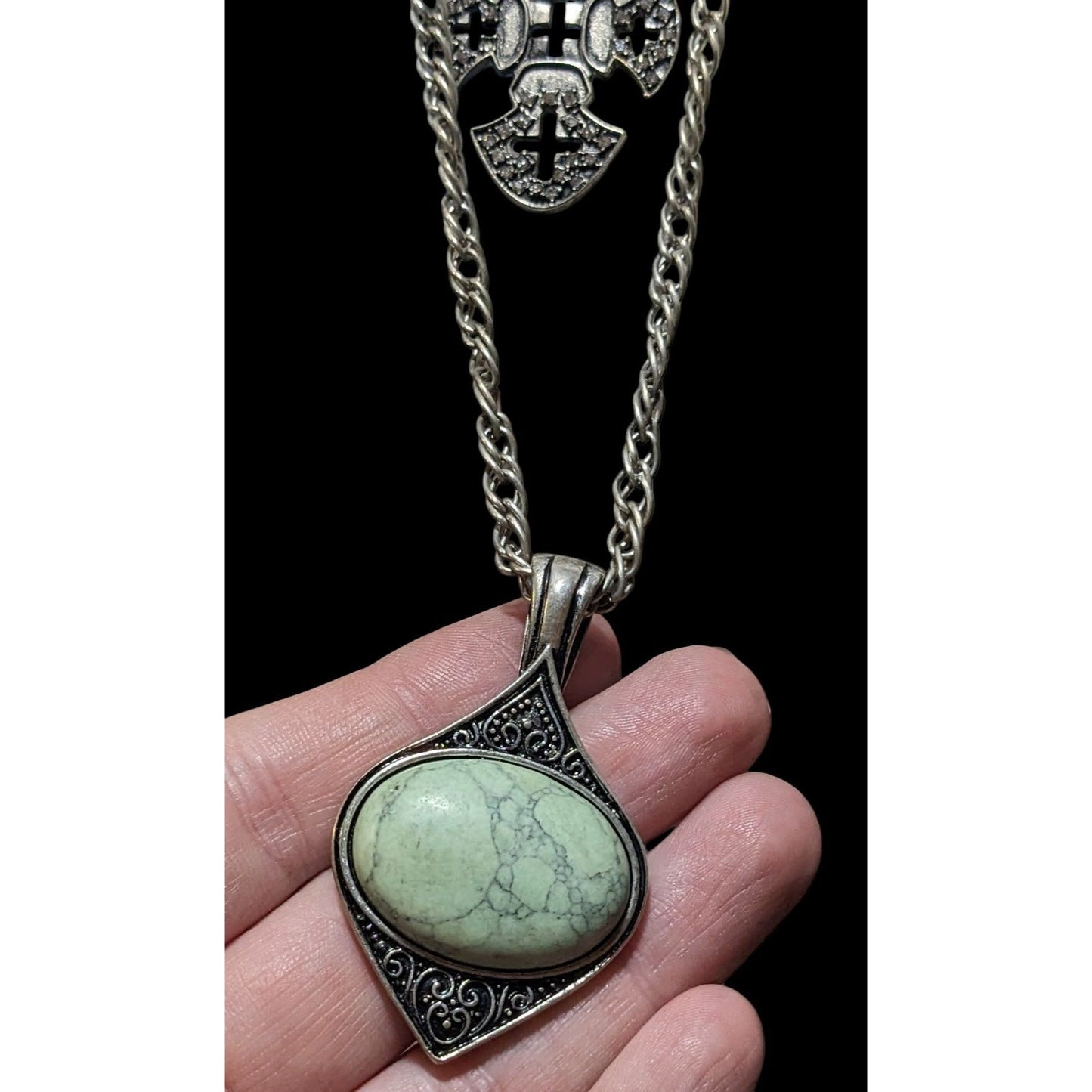 Whimsygoth Multilayer Double Pendant Cross And Cabochon Necklace