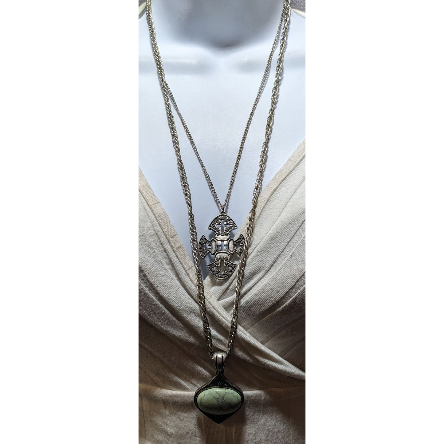 Whimsygoth Multilayer Double Pendant Cross And Cabochon Necklace