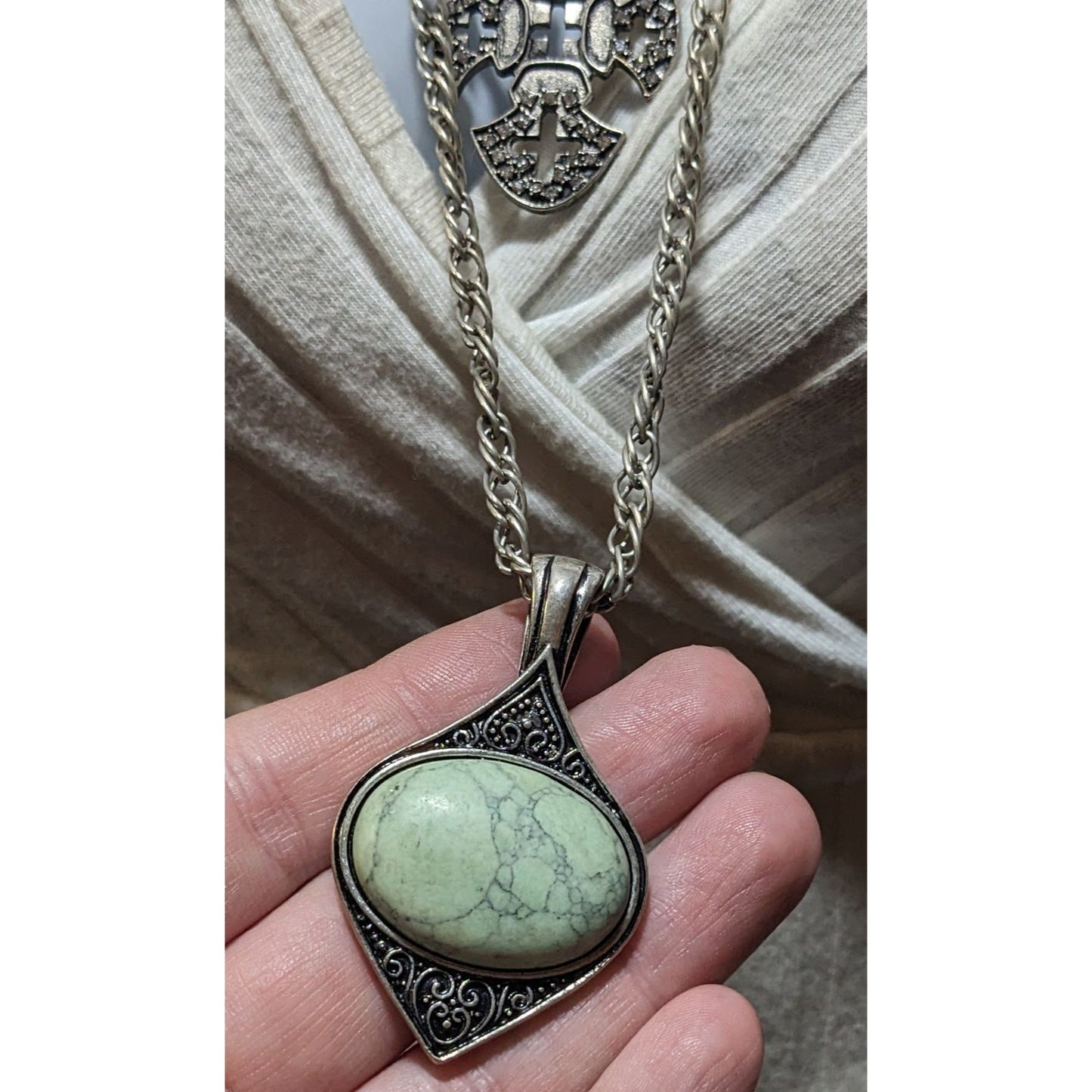 Whimsygoth Multilayer Double Pendant Cross And Cabochon Necklace