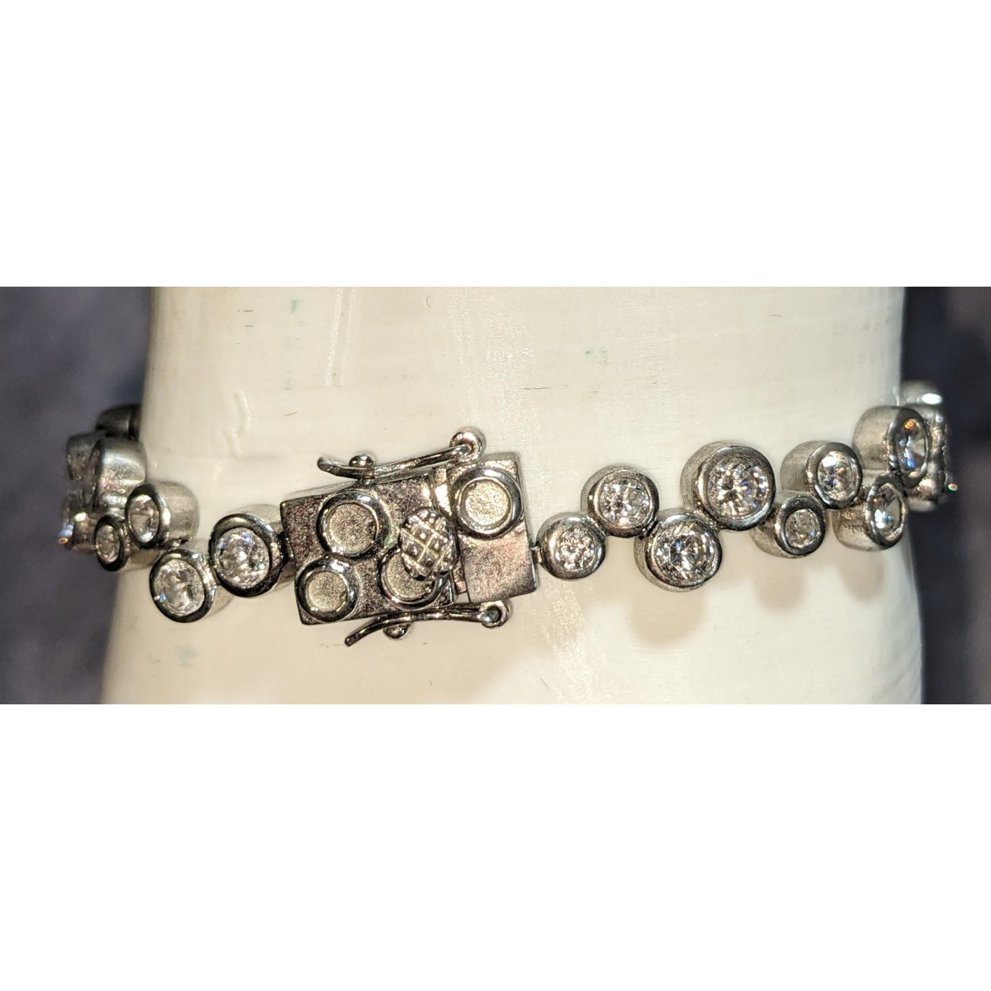 Glam 925 Sterling Silver Bubble Rhinestone Bracelet Bezel Set Statement Jewelry