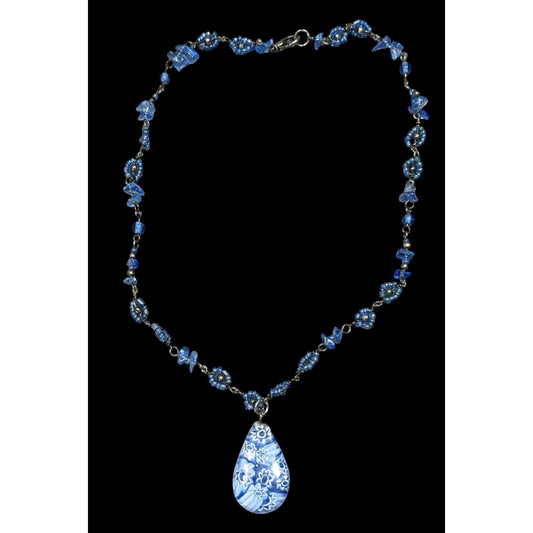Handmade Blue Millefiori Glass Teardrop Pendant Necklace